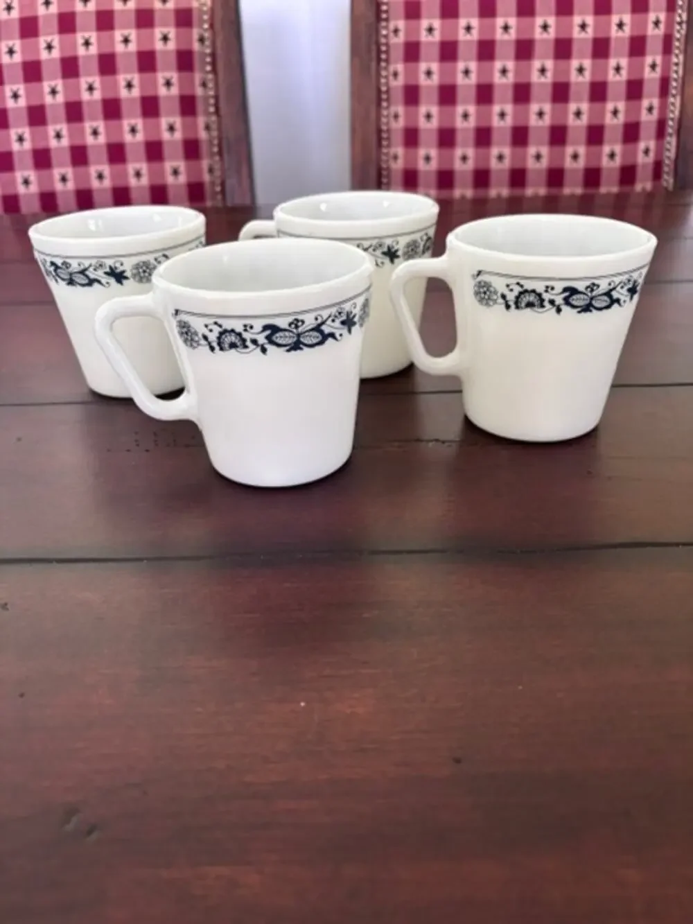 Set of 4 Vintage Pyrex Milk Glass Mugs Blue Floral‎ Coffee Cups USA